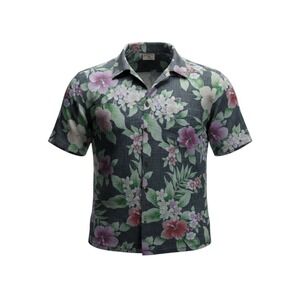 Hawaii Station Mens Floral Hibiscus Aloha Shirt Grey Pink Made in Hawaii XL